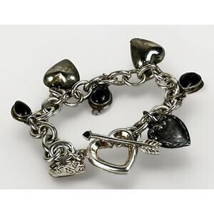 VTG Sterling Silver Puffy Antique Etched Hearts and 925 Onyx Charm (s) Bracelet